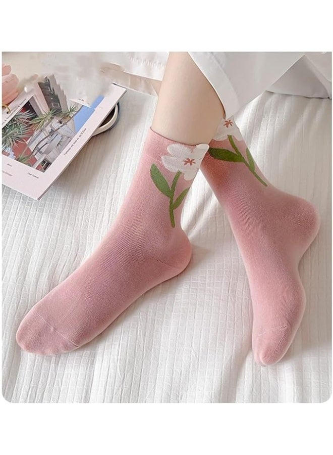 CLENEA 4 Pairs Floral Design Womens Crew Socks, Fun Casual Cotton Socks, Cute Cotton Socks for Women and Girls, Socks for Sports and Daily Wear - Image 2